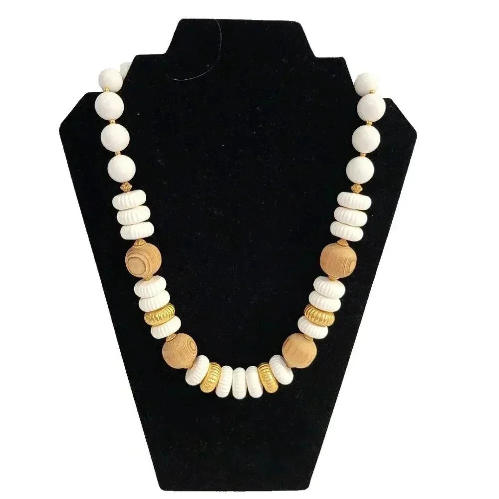 Vintage Estate Statement Necklace 23" Wood Plastic Beads Gold Tone